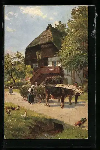 Künstler-AK H. Hoffmann: Grünfutter-Einfuhr, Bauern mit Ochsenkarren vor Bauernhaus, Hühner