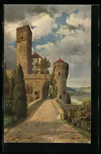 Künstler-AK Heinrich Hoffmann: Hassmersheim, Blick zum Schloss Guttenberg am Neckar