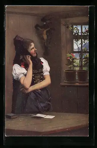 Künstler-AK Heinrich Hoffmann: Im Herrgottswinkel, Fräulein im Trachtenkleid schaut aus dem Fenster