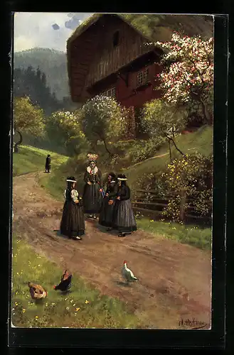 Künstler-AK H. Hoffmann: St. Georgen, Damen in traditioneller Kleidung nach dem Kirchgang