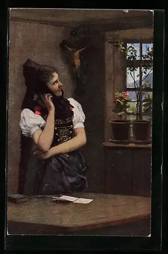 Künstler-AK Heinrich Hoffmann: Im Herrgottswinkel, Fräulein im Trachtenkleid schaut aus dem Fenster