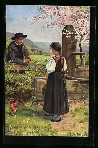 Künstler-AK H. Hoffmann: Liebespaar am Brunnen, Hahn