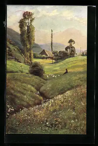 Künstler-AK Heinrich Hoffmann: Frau mit Gänsen auf der Wiese