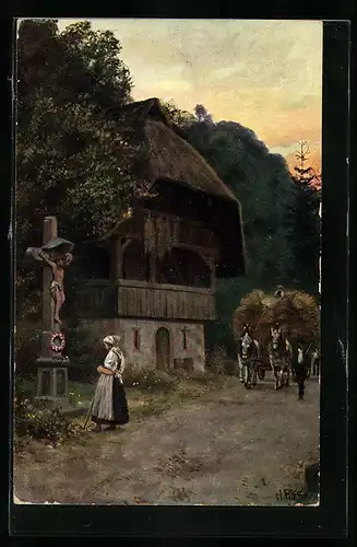 Künstler-AK H. Hoffmann: Heimkehr von der Ernte, Bäuerin betet