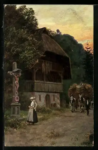 Künstler-AK H. Hoffmann: Heimkehr von der Ernte, Bäuerin betet