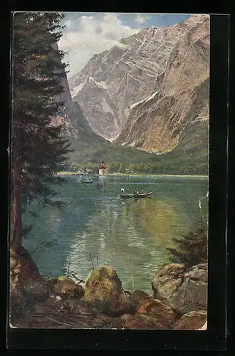 Künstler-AK Heinrich Hoffmann: Der Königssee, Blick auf St. Bartholomä mit den Watzmannwänden