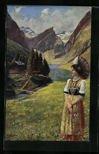 AK Seealpsee mit Säntis mit Frau in Tracht