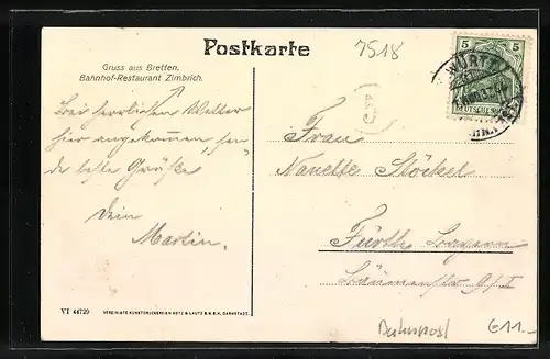 AK Bretten, Ortspanorama mit Kirchturm