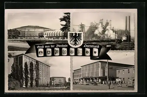 AK Dortmund, Ortspartien mit Hauptbahnhof, Stahlwerk, Hochhäuser & Wappen
