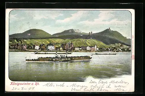 AK Königswinter a. Rh., Rheinpartie mit Dampfer, Panorama der Stadt