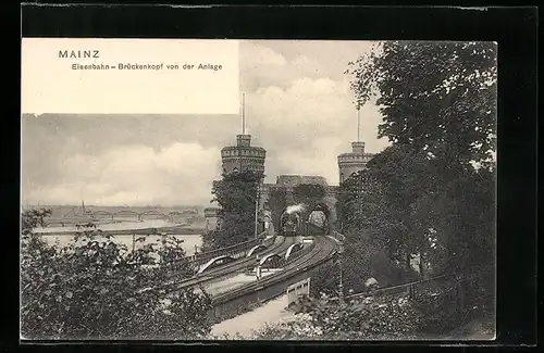 AK Mainz, Eisenbahn-Brückenkopf von der Anlage aus gesehen