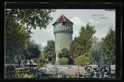 AK Bretten, Stadtgarten mit Turm
