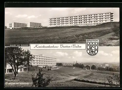AK Bretten / Baden, Kreiskrankenhaus, Ansicht von Südosten und Südwesten, Wappen