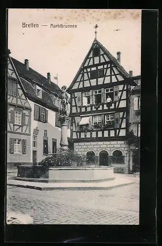 AK Bretten, Partie mit Marktbrunnen und altdt. Fachwerkbau