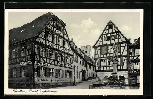 AK Bretten / Baden, Marktplatzbrunnen und Hotel Krone