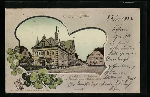 AK Bretten, Marktplatz mit Rathaus und Melanchthon-Gedächtnishaus