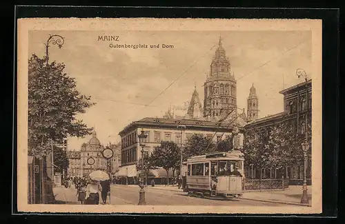 AK Mainz, Gutenbergplatz und Dom mit Strassenbahn