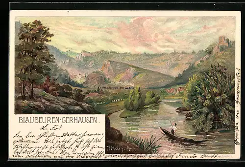 Lithographie Blaubeuren-Gerhausen, Ortsansicht, Kahnpartie auf dem Fluss