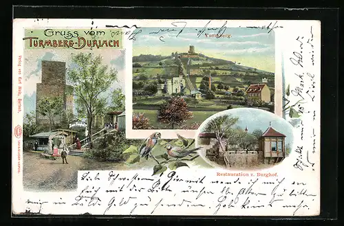 AK Durlach, Turmberg, Gasthaus z. Burghof, Turmberg mit Drahtseilbahn