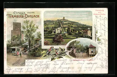 AK Durlach, Turmberg, Gasthaus z. Burghof, Turmberg mit Drahtseilbahn