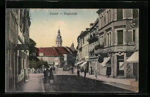 AK Durlach, Hauptstrasse mit Strassenbahn