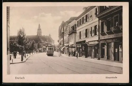 AK Durlach, Hauptstrasse mit Strassenbahn