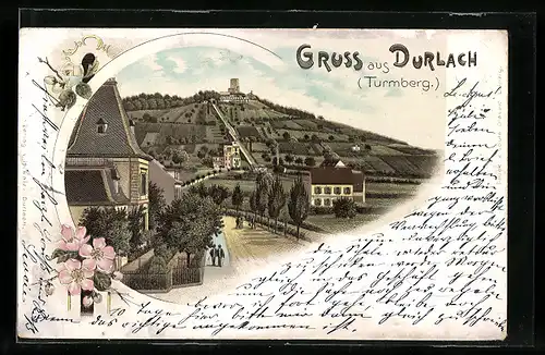 Lithographie Durlach /Turmberg, Ortsansicht mit Turm