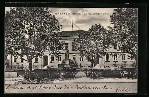 AK Bretten, Schulhaus mit Melanchthondenkmal