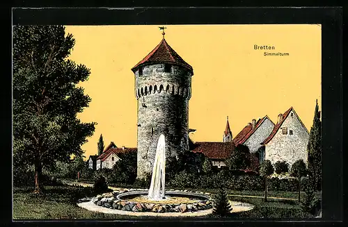 Künstler-AK Bretten, Simmelturm mit Fontäne