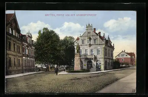 AK Bretten, Bahnhofstrasse mit Kaiserdenkmal