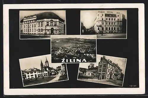 AK Zilina, Ortsansicht und vier Ansichten aus der Stadt