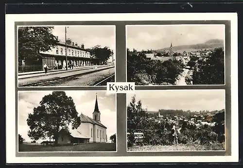 AK Kysak, Kirche, Bahnhof, Gesamtansicht