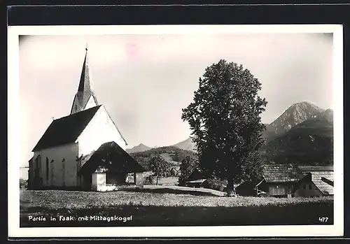 AK Faak, Motiv der Kirche mit Mittagskogel im Hintergrund