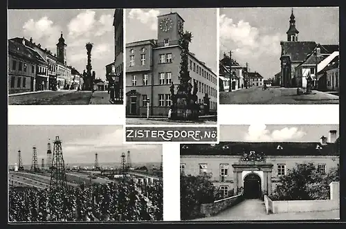 AK Zistersdorf, Rathaus & Brunnen, Strassenansicht mit Kino, Marktplatz