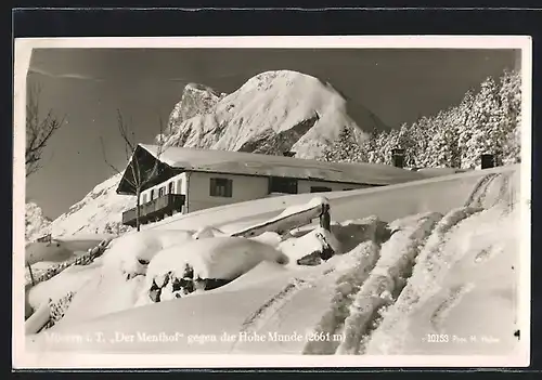 AK Mösern, Der Menthof gegen die Hohe Munde im Schnee