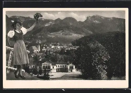 AK Bad Ischl, Gesamtansicht, Frau mit Blumenstrauss