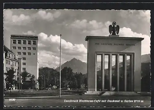 AK Innsbruck, Hochhaus-Cafè mit Denkmal und Serles