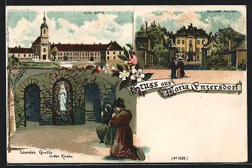 Lithographie Maria Enzersdorf, Schloss Hunyady, Lourdes Grotte in der Kirche