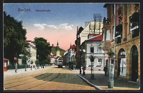 AK Durlach, Hauptstrasse mit Strassenbahn