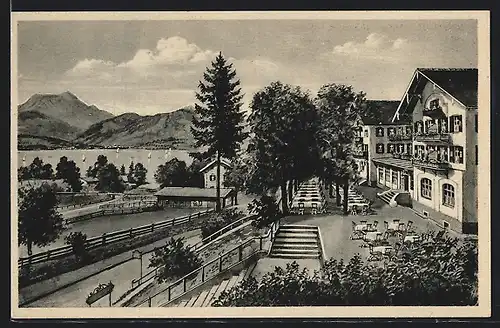 AK Gmund am Tegernsee, Gasthof Oberstöger mit Blick auf den See
