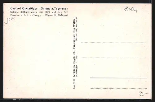 AK Gmund am Tegernsee, Gasthof Oberstöger mit Blick auf den See