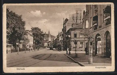 AK Durlach, Hauptstrasse mit Strassenbahn