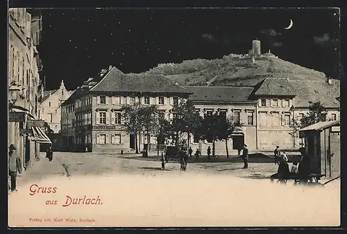 AK Durlach, Ortspartie mit Blick zum Turmberg