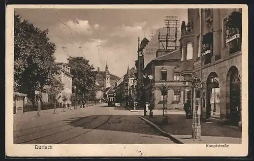 AK Durlach, Hauptstrasse mit Strassenbahn