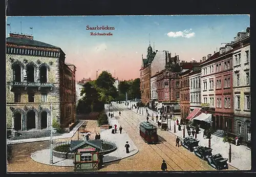 AK Saarbrücken, Reichsstrasse mit Strassenbahn