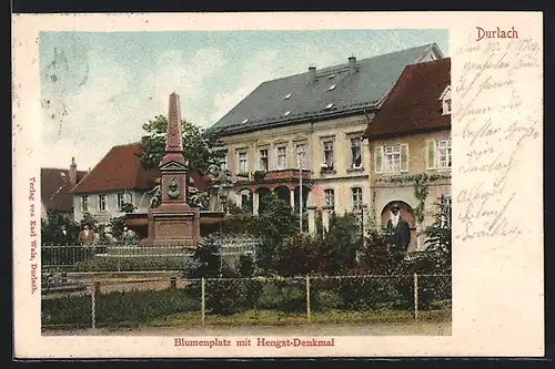 AK Durlach, Blumenplatz mit Hengst-Denkmal