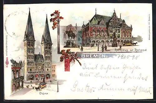 Lithographie Bremen, Dom mit Pferdebahn, Rathaus mit Roland