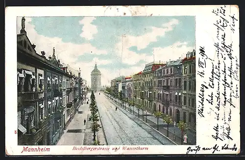 AK Mannheim, Heidelbergerstrasse mit Wasserturm