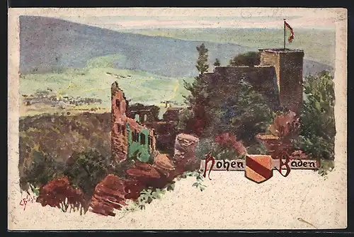 Künstler-AK Carl Biese: Baden Baden, Blick auf Ruine und Umgebung