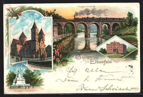 Lithographie Elberfeld, Blick auf das Wupper-Viadukt mit Eisenbahn, Marienkirche und Kriegerdenkmal